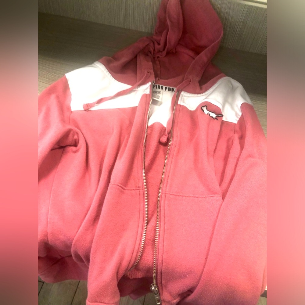 Victoria's Secret Pink and White Zip-Up Hoodie